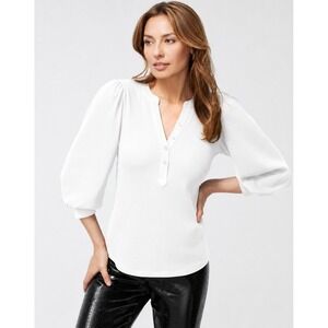 Chico's White Ribbed Puff Sleeve Henley Knit Top XL Chico's 3 Minimalist Casual
